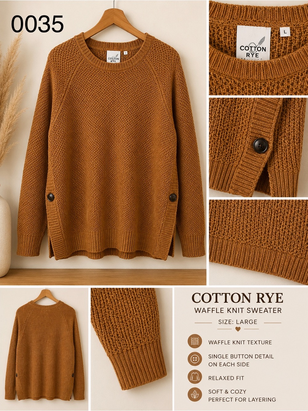 Women's Waffle Knit Sweater - Camel